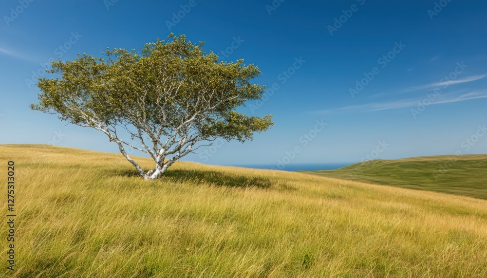 Solitary Birch Tree in Golden Field Overlooking Ocean Under Blue Sky Solitary Birch Tree in Golden Field Overlooking Ocean Under Blue Sky