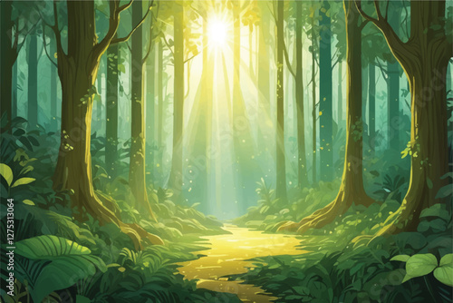 golden rays cascade through verdant tapestry of a lush woodland, casting ethereal patterns of luminescence upon enchanted forest floor