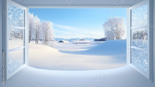 View of a snow-covered landscape through a frosted windowpane, winter serenity