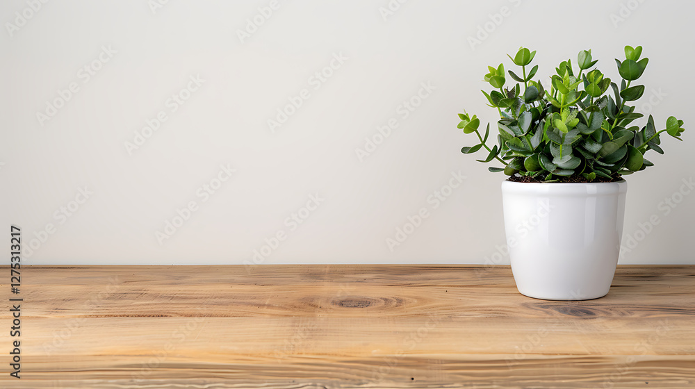Fototapeta premium Green Plant in White Pot on Wooden Table