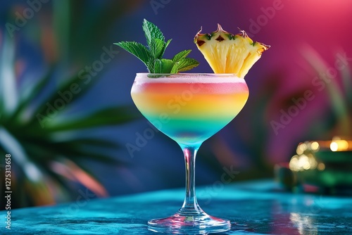 Vibrant Rainbow Cocktail with Fresh Fruits and Mint Garnish