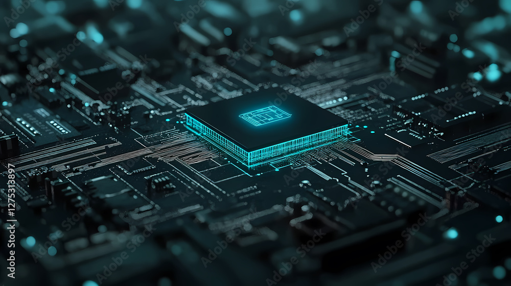 Close-up of a Circuit Board with a Black Chip and Blue Patterns Close-up of a Circuit Board with a Black Chip and Blue Patterns