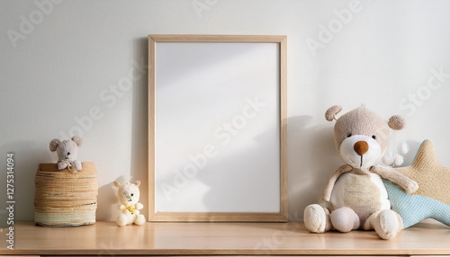 Minimalist Nursery Design Wooden Frame Poster Mockup Against White Backdrop in a Cozy 3D Rendered Scene, Exuding Calm and Sophistication with a Touch of Natural Elegance