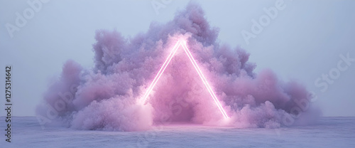 Pink neon triangle in purple smoke; surreal landscape; abstract art; design background