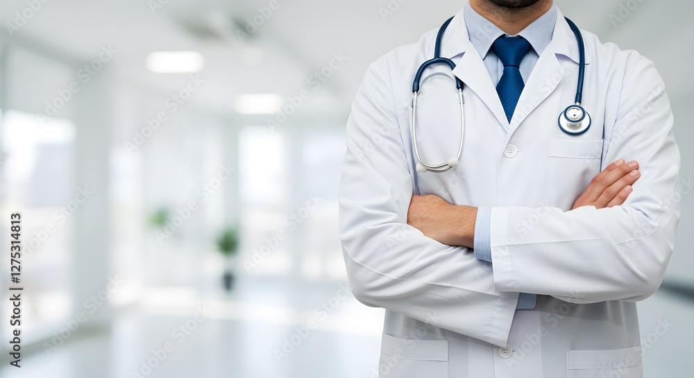 Male Doctor Standing Confidently with Arms Crossed in a Modern Hospital Hallway (Perfect for healthcare or medical industry visuals) Male Doctor Standing Confidently with Arms Crossed in a Modern Hospital Hallway (Perfect for healthcare or medical industry visuals)
