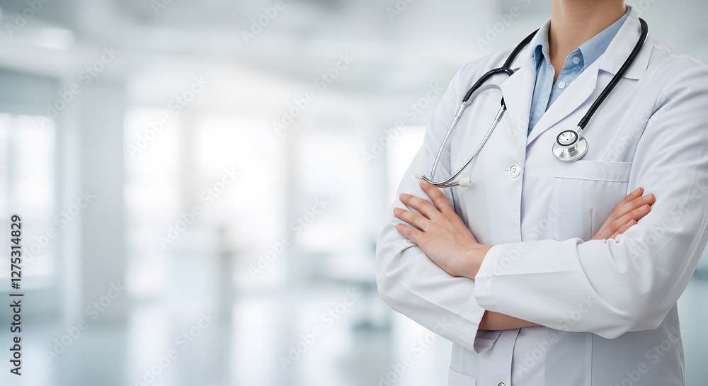 Confident Female Doctor with Stethoscope in Hospital Setting for Healthcare Concepts (Great for healthcare or medical industry visuals) Confident Female Doctor with Stethoscope in Hospital Setting for Healthcare Concepts (Great for healthcare or medical industry visuals)