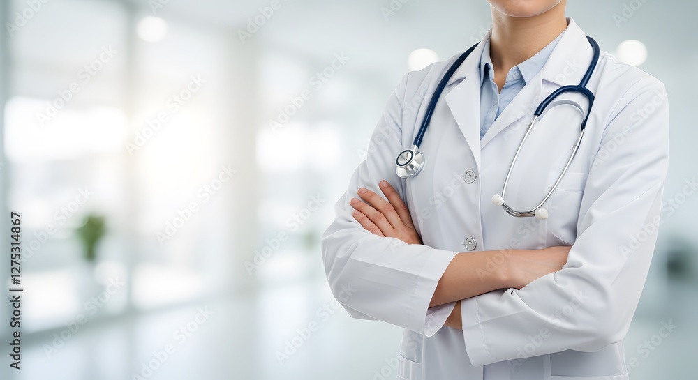 Doctor with Arms Crossed Wearing White Coat and Stethoscope in Clinic (Great for healthcare or medical industry visuals) Doctor with Arms Crossed Wearing White Coat and Stethoscope in Clinic (Great for healthcare or medical industry visuals)