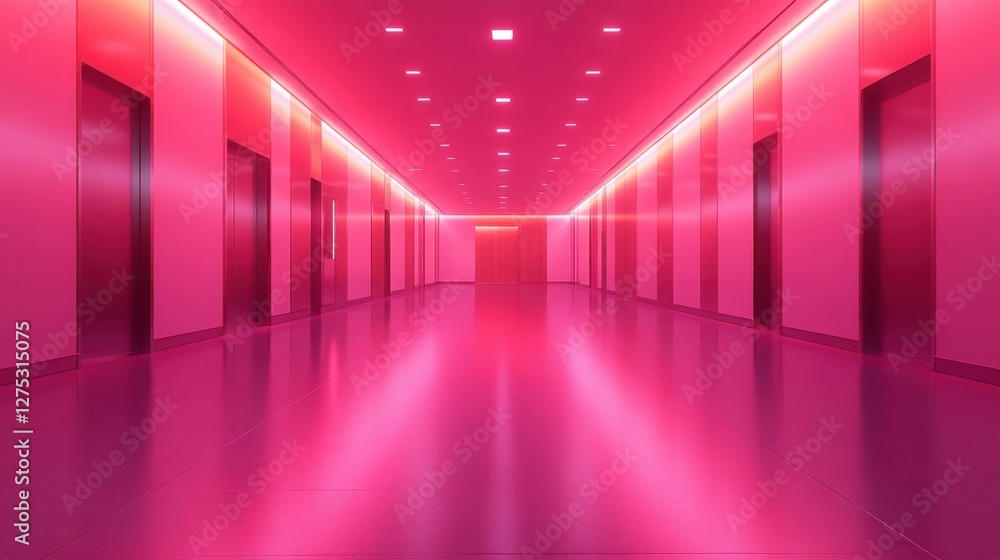 Fototapeta premium Futuristic Hallway with Neon Pink Lights and Glossy Floor Reflection