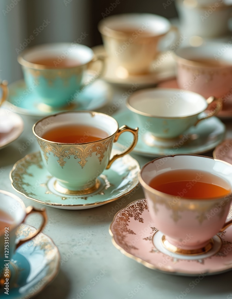 Elegant tea assortment on table with pastel porcelain teacups and saucers. Comfort beverage idea. Refreshing herbal, flower flavored tea for afternoon relaxation, tea party concept. Elegant tea assortment on table with pastel porcelain teacups and saucers. Comfort beverage idea. Refreshing herbal, flower flavored tea for afternoon relaxation, tea party concept.