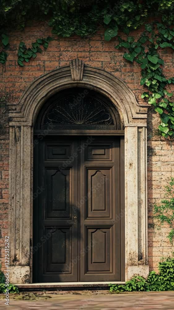 Beautiful wooden door framed by historic brick wall and climbing vines in a charming architectural scene Beautiful wooden door framed by historic brick wall and climbing vines in a charming architectural scene