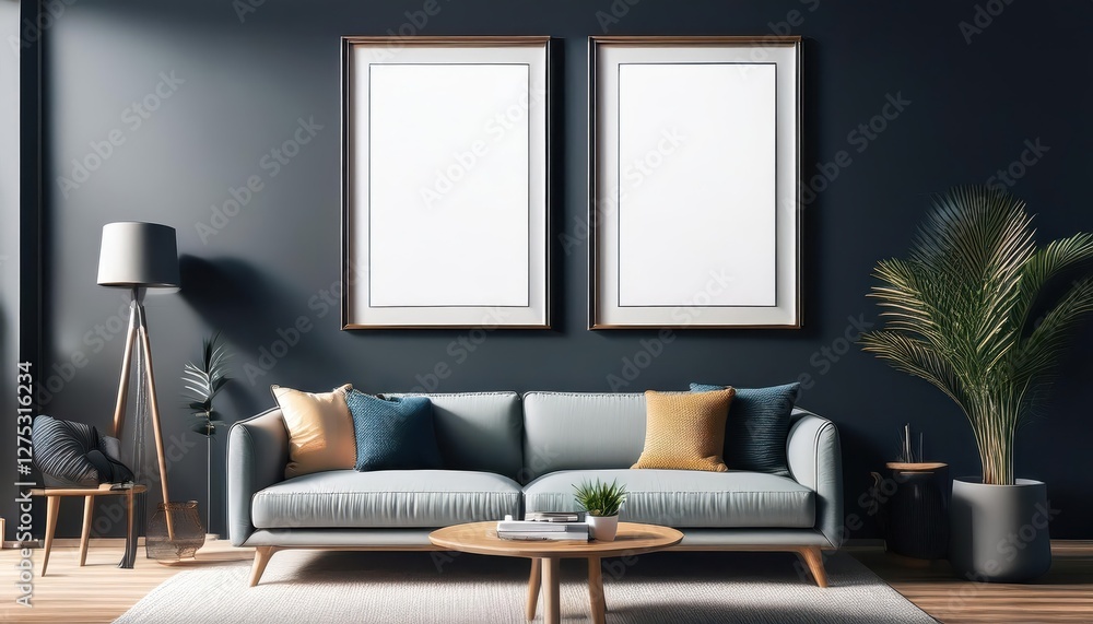Fototapeta premium Minimalist Living Room Interior Decor Showcasing Vertical Frames Displaying Artistic Poster Mockup against a Dark Backdrop, Perfect for Modern Home Design and Digital Art Enthusiasts.