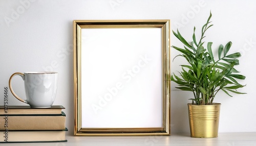 Vibrant Green Oasis Amidst Modernity Trendy Vertical Poster Showcasing a Lush Plant Pot, Elegant Books, and a Stunning Gold Metal Frame against a Minimalist Backdrop.