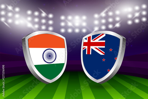 India vs New Zealand flag shields on a stadium background, cricket championship competition vector illustration