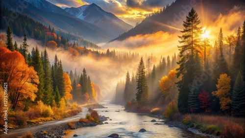 Wallpaper Mural Golden Sunrise Illuminates Misty Mountain River Valley with Autumn Foliage Torontodigital.ca