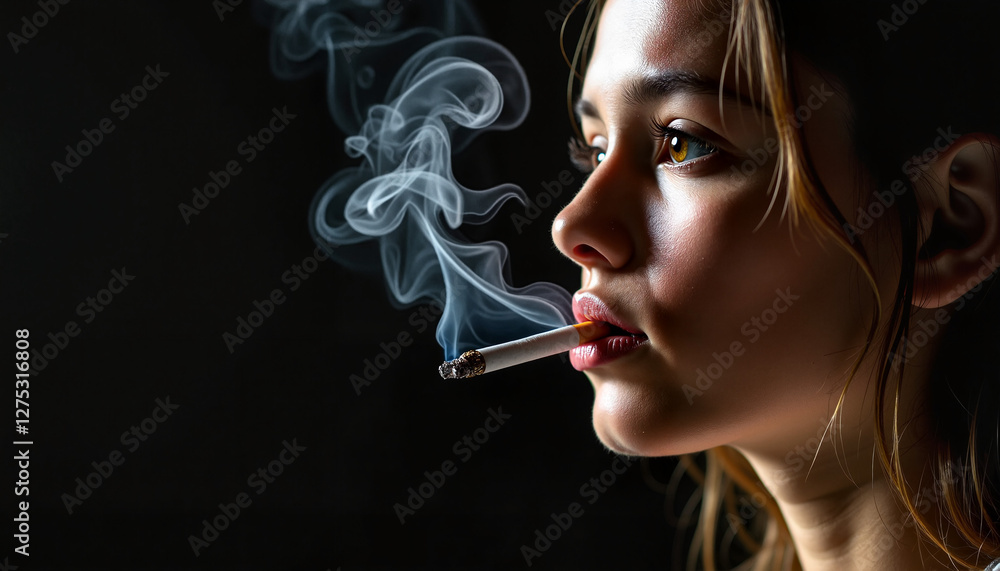 Fototapeta premium Young woman with a contemplative mood smoking a cigarette against a dark black background