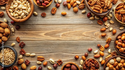 A Bountiful Collection of Assorted Nuts Arranged on a Rustic Wooden Surface, Creating a Visually Appealing and Nutritious Scene