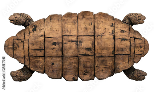 Top-down view of a large tortoise shell,  museum exhibit photo