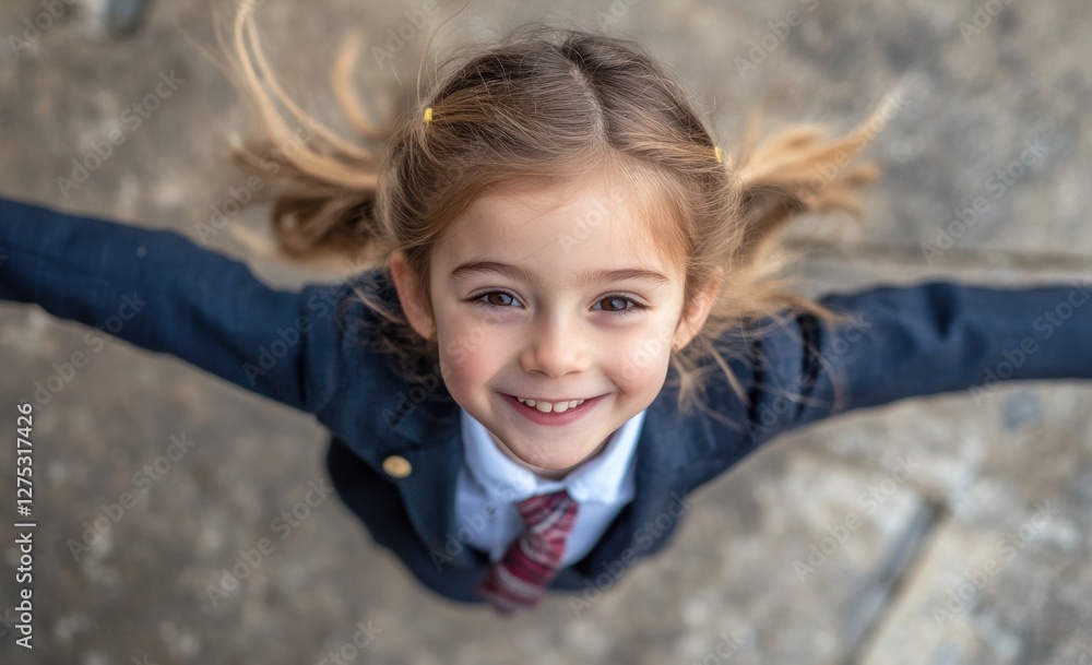 A girl in formal attire leans forward, arms outstretched and smiling brightly, adding a playful vibe to this lively portrait. A girl in formal attire leans forward, arms outstretched and smiling brightly, adding a playful vibe to this lively portrait.