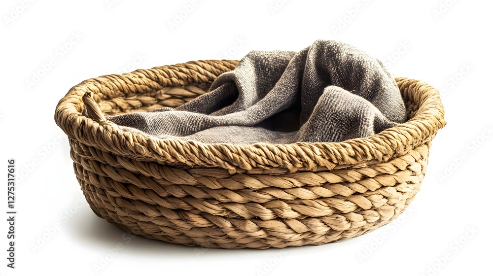 Obraz premium woven seagrass basket with gray fabric
