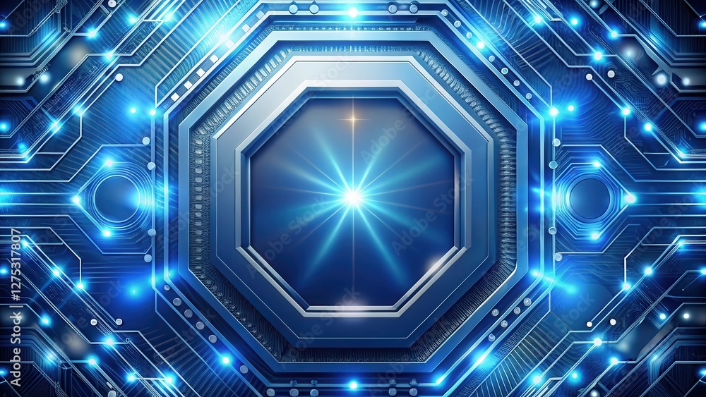 Futuristic Technology Panel with Glowing Circuits and Central Light Source Futuristic Technology Panel with Glowing Circuits and Central Light Source