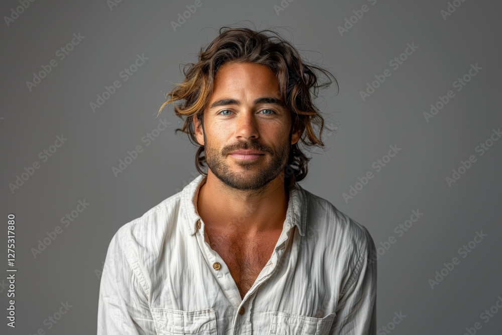 a Caucasian man, aged 30s to 50s, in minimal professional clothing, standing confidently with a relaxed, welcoming expression against a gray backdrop. a Caucasian man, aged 30s to 50s, in minimal professional clothing, standing confidently with a relaxed, welcoming expression against a gray backdrop.