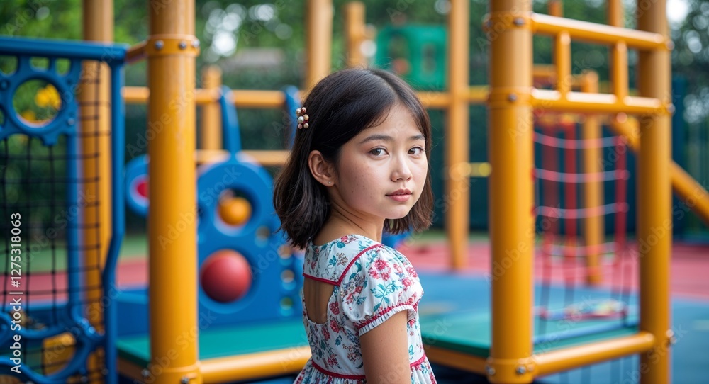 Obraz premium Asian girl in outdoor play area background dress young teen side view portrait