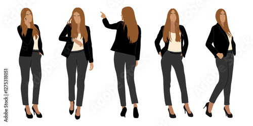 Set of business woman character in different poses, standing, walking, talking by phone, back, side front view. Attractive lady boss full length vector illustration isolated