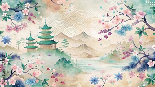 Serene Asian Landscape with Pagoda and Blooming Flowers, Watercolors and Soft Pastel Hues Depicting Tranquil Mountains and Serene Waters