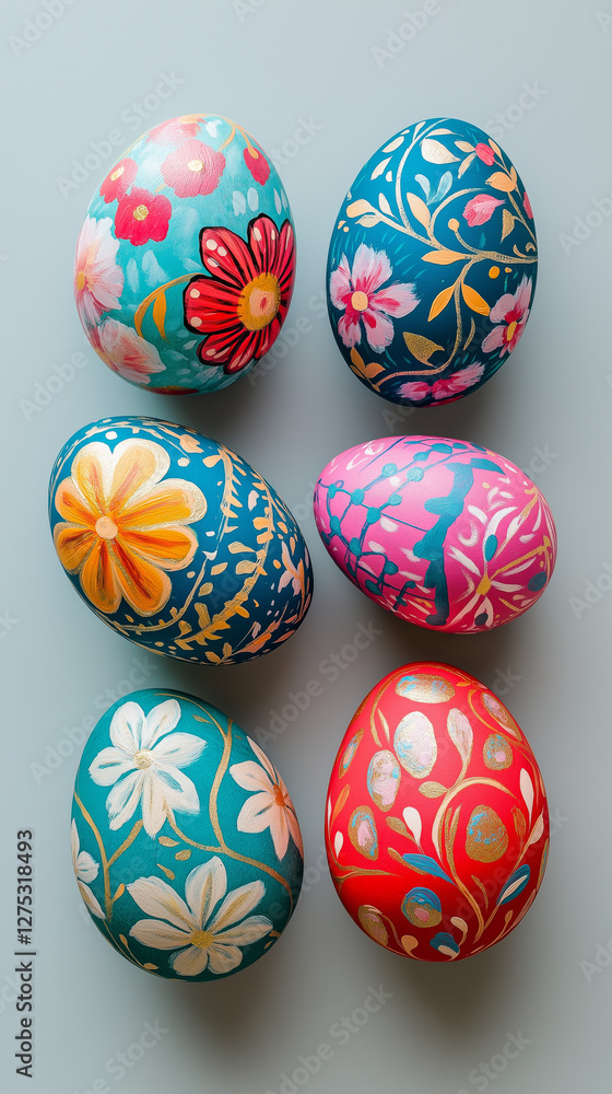 Hand-painted Easter eggs with intricate floral patterns on a pastel blue background. Traditional decorative eggs with detailed spring flower motifs for festive decor and holiday celebrations Hand-painted Easter eggs with intricate floral patterns on a pastel blue background. Traditional decorative eggs with detailed spring flower motifs for festive decor and holiday celebrations