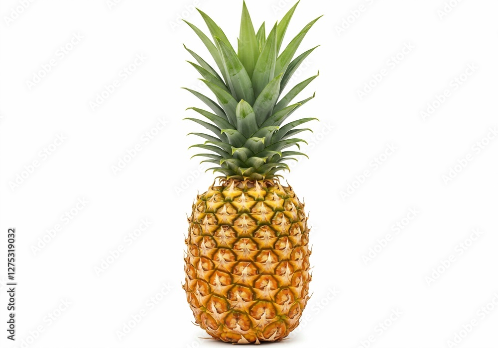 This image captures the visual appeal of a whole pineapple, with its spiky leaves and textured, segmented body set against a white backdrop This image captures the visual appeal of a whole pineapple, with its spiky leaves and textured, segmented body set against a white backdrop