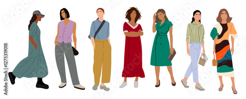 Set of stylish young women wearing summer street fashion outfit. Different business people in smart casual office clothes. Vector realistic illustrations isolated