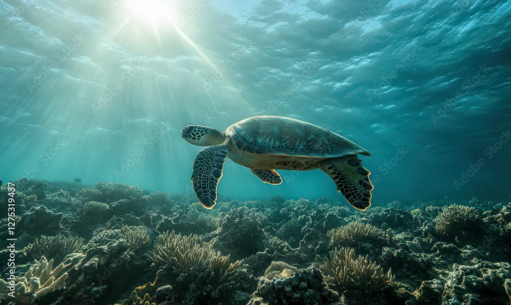 Naklejka premium Sea Turtle Swimming Over Vibrant Coral Reef in Sunlit Ocean