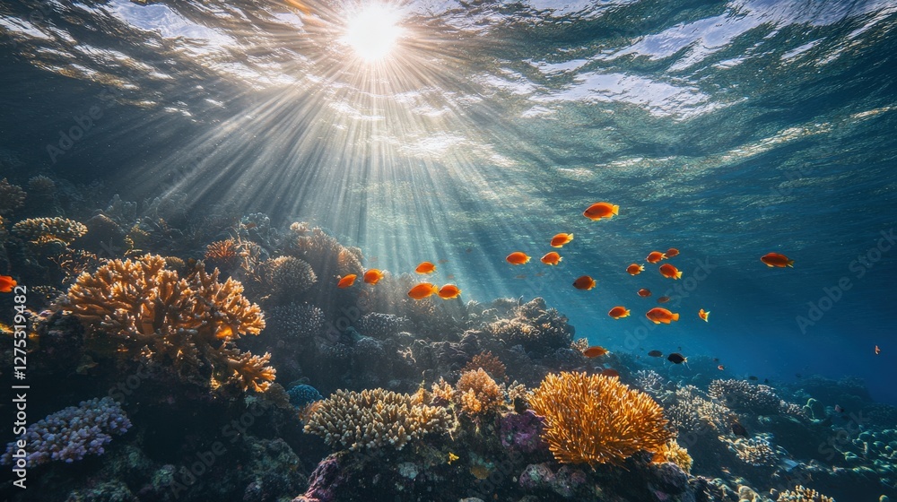 Obraz premium Underwater serenity colorful coral reef ecosystem ocean depths nature photography sunlit water vibrant marine life