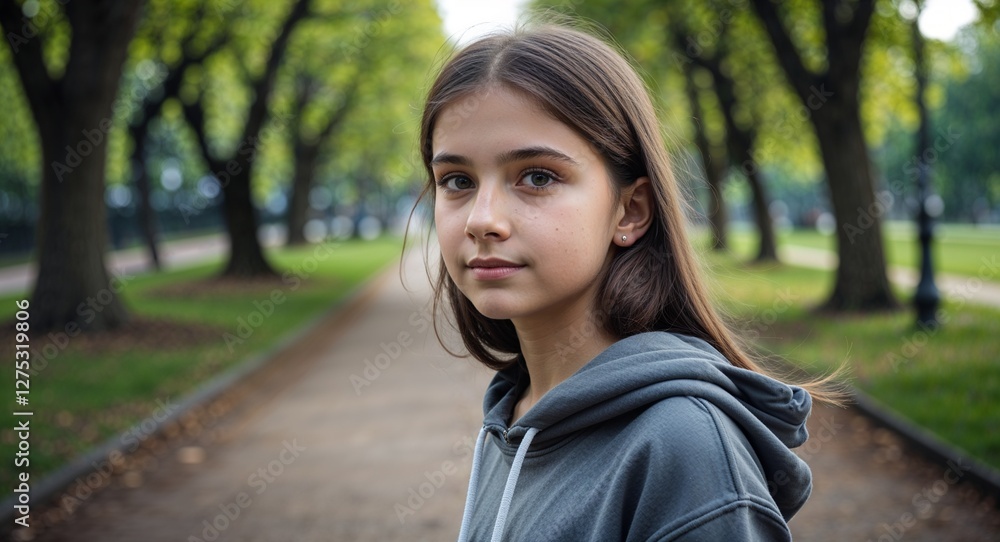 Caucasian girl in park path background hoodie young teen side view portrait Caucasian girl in park path background hoodie young teen side view portrait