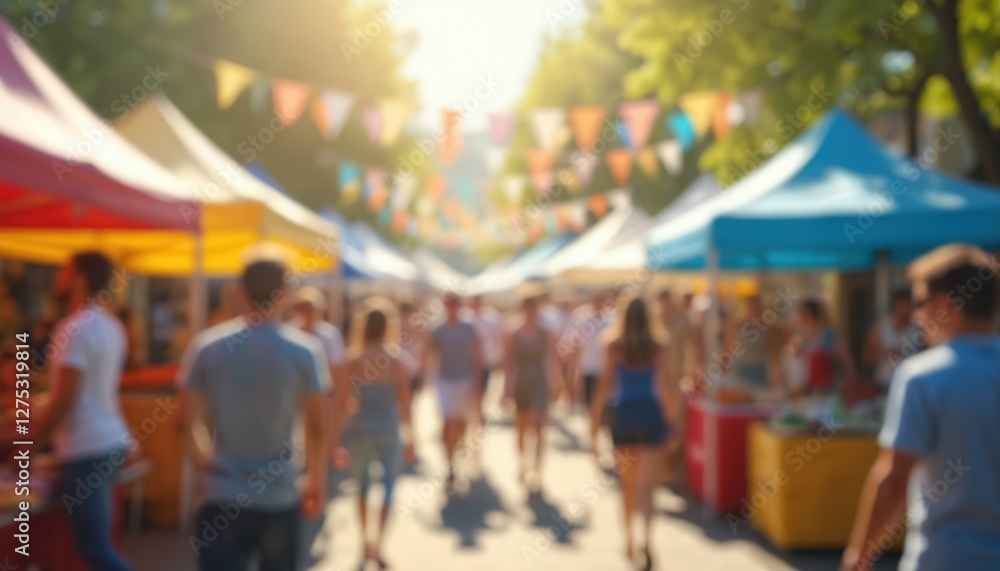 Fototapeta premium Blurred people walk at outdoor summer fair market with colorful tents under sunlight, creating a festive atmosphere. Warm sunny day, social gathering, shopping, fun.
