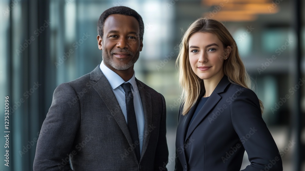 Two professionals in formal attire, exuding confidence and professionalism in a modern business setting. Two professionals in formal attire, exuding confidence and professionalism in a modern business setting.