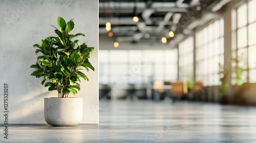 Modern minimalist office with interior plant. Spacious workspace featuring green decor and contemporary touch. Perfect blend of nature and design, ideal for productivity professional settings.
