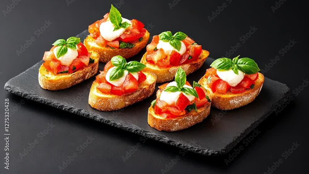 Fresh bruschetta with tomatoes and basil on a slate platter Fresh bruschetta with tomatoes and basil on a slate platter