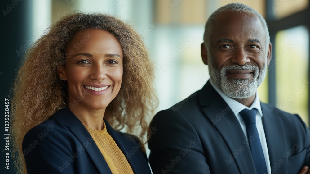 Two professionals in formal attire, exuding confidence and professionalism in a modern business setting. Two professionals in formal attire, exuding confidence and professionalism in a modern business setting.
