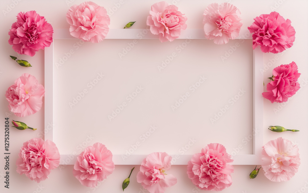 Pink carnations with empty frame on pastel background
Pink carnations with empty frame on pastel background