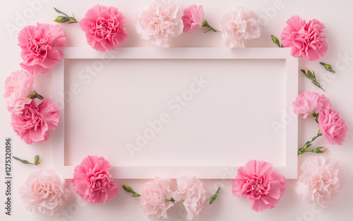 Pink carnations with empty frame on pastel background