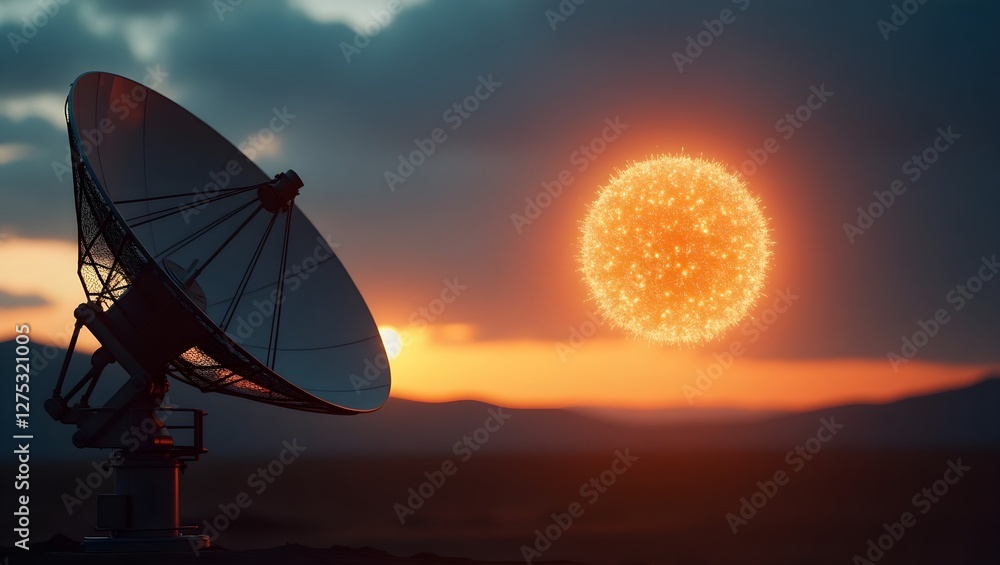 Futuristic Satellite Dish with Holographic Sphere Illuminates the Sunset Sky Futuristic Satellite Dish with Holographic Sphere Illuminates the Sunset Sky