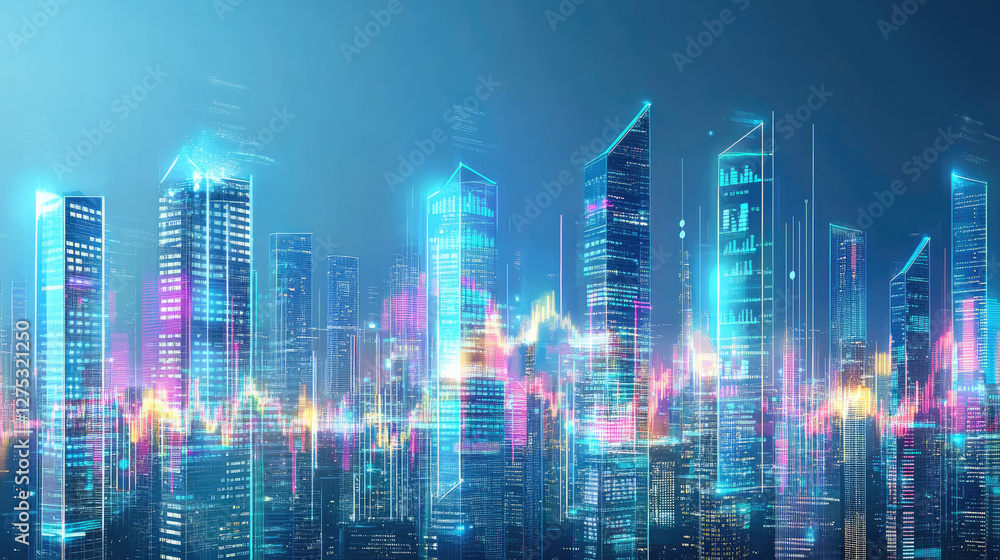 A futuristic city skyline with digital charts reflecting business growth, financial forecasts, and corporate evolution. Glowing data overlays highlight economic trends and company performance A futuristic city skyline with digital charts reflecting business growth, financial forecasts, and corporate evolution. Glowing data overlays highlight economic trends and company performance