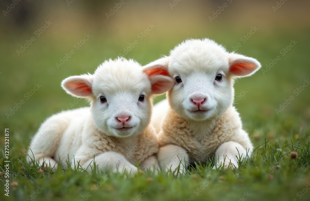 Two white lambs lie on green grass. Twin cute sheep babies on spring pasture. Symbolizing innocence, purity Easter holiday, newborns, representing new beginnings, hope, faith. Two white lambs lie on green grass. Twin cute sheep babies on spring pasture. Symbolizing innocence, purity Easter holiday, newborns, representing new beginnings, hope, faith.