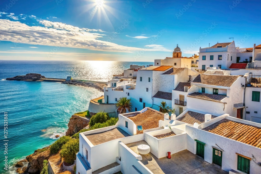Fototapeta premium A quiet coastal village, bathed in sunshine, offers serene simplicity and a charming holiday getaway. Simple architecture, blue seas, and idyllic calm define this tranquil destination.