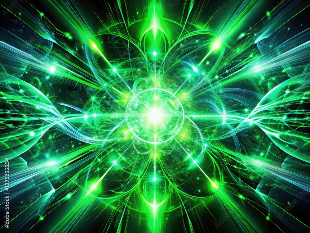 Fototapeta premium Abstract green energy bursts across a dark canvas, representing cutting-edge technology in a digital aesthetic.