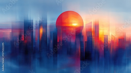 Abstract Sunset Over Urban Skyline with Colors and Shapes