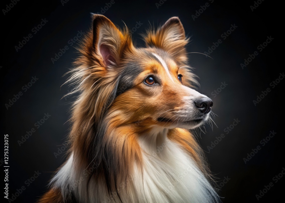 Fototapeta premium Black backdrop showcases a Sheltie's beauty in this captivating headshot. Expert dog photography. Shetland Sheepdog profile.