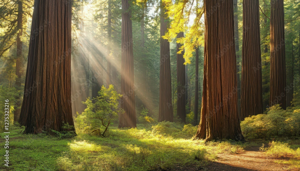Obraz premium Sunlit Redwood Forest with Golden Light and Lush Undergrowth