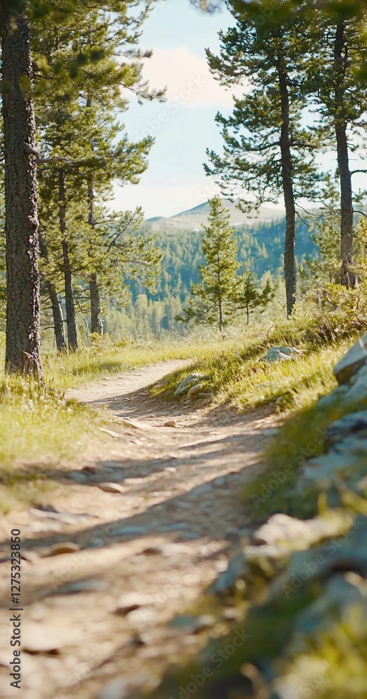 Fototapeta premium Mountain trail path, summer hike, forest scene, nature background, travel photo.